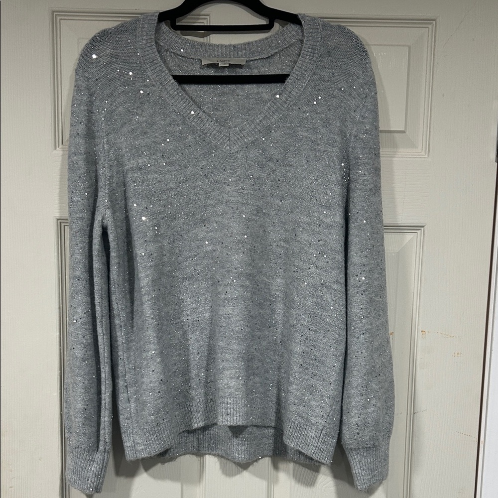 Loft Gray V-Neck Sweater with Sequin Details